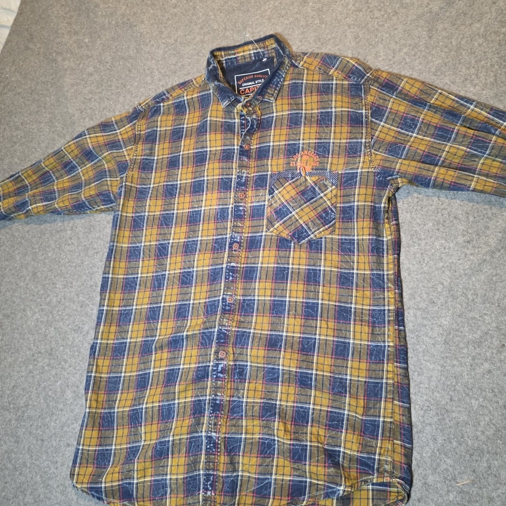 CAPITAL Men's Yellow Blue Multicolor Plaid Flannel Long Sleeve Button-Up 118